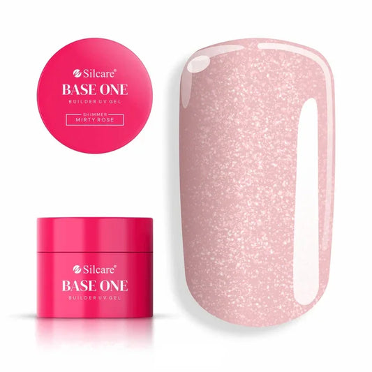 Silcare Base One Shimmer Misty Rose Builder UV Gel; a soft pink builder gel with a fine glitter shimmer for nail extensions and overlays.