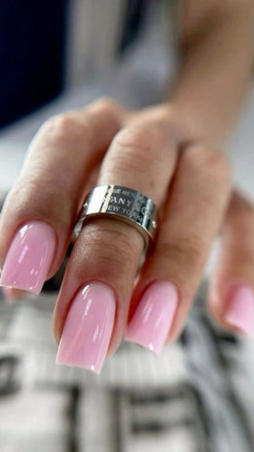 Glossy square-shaped nails finished with Silcare 10in1 Revolution Light Pink builder base gel. Soft light pink BIAB-style manicure with a smooth, high-shine finish, ideal for strengthening natural nails, overlays, and long-lasting gel manicures.