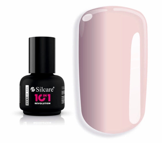 Silcare 10in1 Revolution Light Pink Hybrid Base Builder Gel 15g bottle displayed beside a glossy light pink nail swatch. Multi-purpose builder base for strengthening natural nails, BIAB-style overlays, nail extensions, and long-lasting gel manicures.