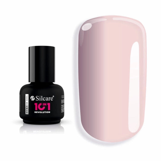Silcare 10in1 Revolution Light Pink Hybrid Base Builder Gel 15g bottle displayed beside a glossy light pink nail swatch. Multi-purpose builder base for strengthening natural nails, BIAB-style overlays, nail extensions, and long-lasting gel manicures.