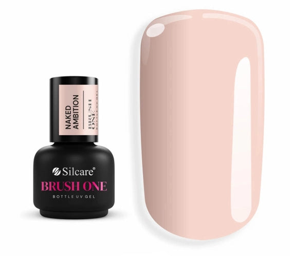Silcare Brush One Bottle UV Gel Naked Ambition in a soft nude pink shade with a glossy nail colour swatch, builder gel in a bottle for natural nail overlays, BIAB manicures and nail strengthening.