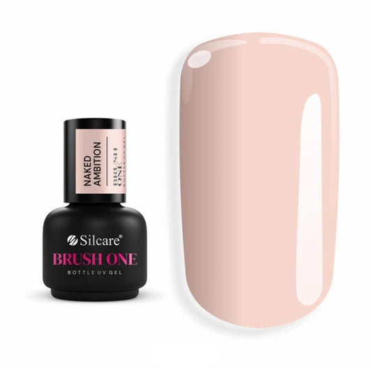 Silcare Brush One Bottle UV Gel Naked Ambition in a soft nude pink shade with a glossy nail colour swatch, builder gel in a bottle for natural nail overlays, BIAB manicures and nail strengthening.
