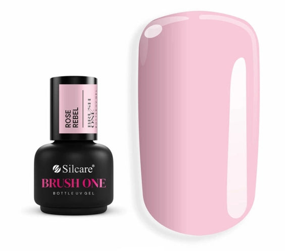 Silcare Brush One Rose Rebel bottle UV gel in a soft rosy pink shade with a glossy nail colour swatch, builder gel in a bottle for BIAB manicures, natural nail overlays, nail strengthening and elegant salon-quality results.