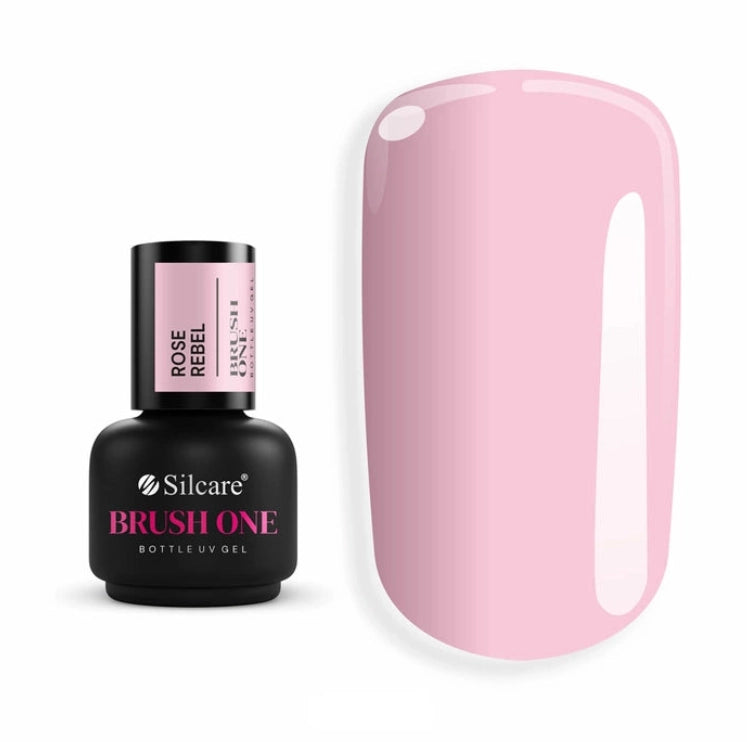 Silcare Brush One Rose Rebel bottle UV gel in a soft rosy pink shade with a glossy nail colour swatch, builder gel in a bottle for BIAB manicures, natural nail overlays, nail strengthening and elegant salon-quality results.