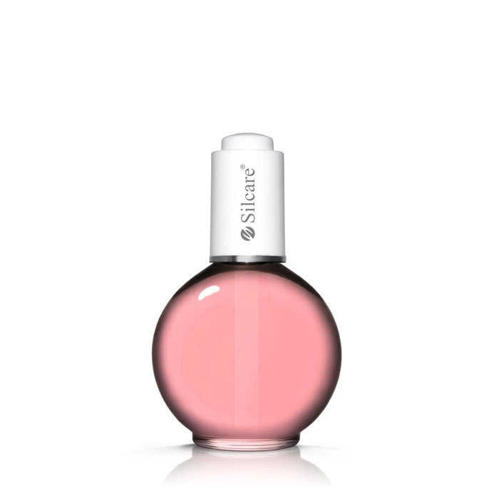 Silcare Flower Power Nail and Cuticle Oil in a 75ml round glass dropper bottle with pink liquid.