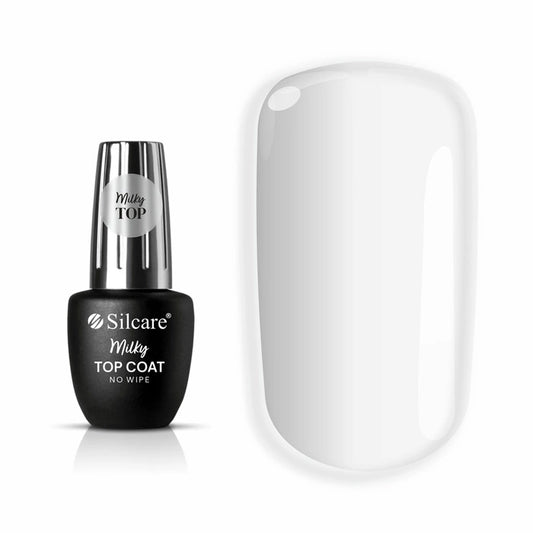 Silcare Milky Top Coat No Wipe gel nail polish bottle with a white semi-transparent swatch.