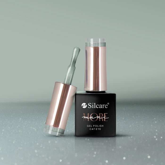 Silcare ManiMORE Cat Eye Blue Snap gel polish bottle with applicator brush showing shimmering teal magnetic effect.