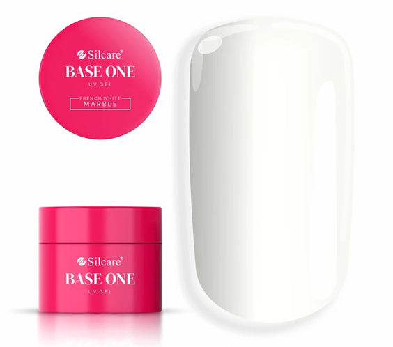 UV Builder Gel in French White Marble, showing pink product jar and white nail swatch - Base One Silcare.