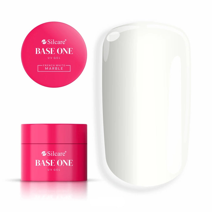 UV Builder Gel in French White Marble, showing pink product jar and white nail swatch - Base One Silcare.