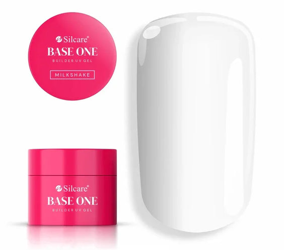 Builder UV Gel in Milkshake shade, high-gloss milky white nail extension gel in a pink jar with swatch - Silcare Base One.
