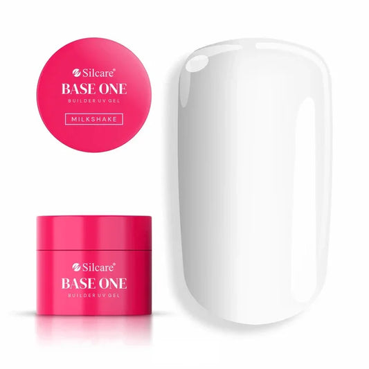 Builder UV Gel in Milkshake shade, high-gloss milky white nail extension gel in a pink jar with swatch - Silcare Base One.