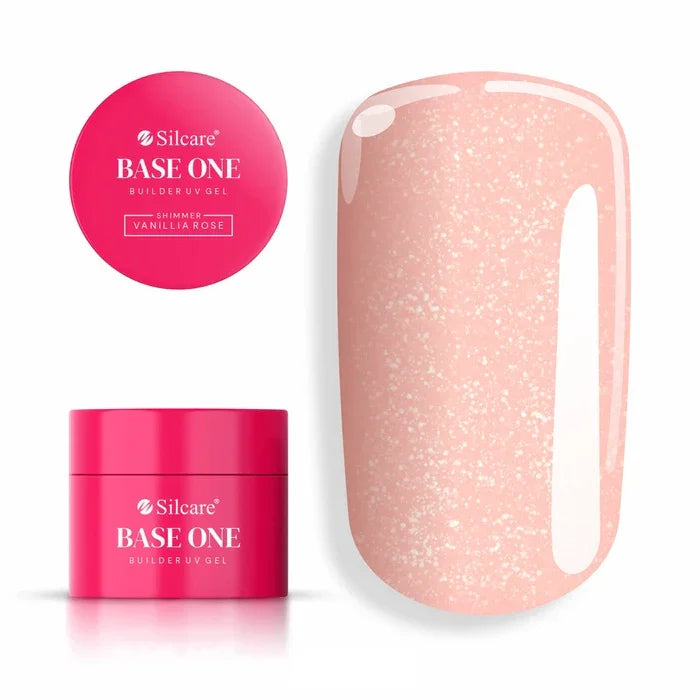 Silcare Base One Builder UV Gel in Shimmer Vanillia Rose, a soft peach-pink glitter nail gel with a high-shine swatch. Silcare.