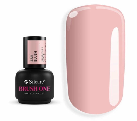 Silcare Brush One Ash Blush BIAB Bottle Gel in a soft dusty blush pink shade, shown with the product bottle and a glossy nail colour swatch on a white background. Professional builder gel for natural nail strengthening, overlays and salon manicures.
