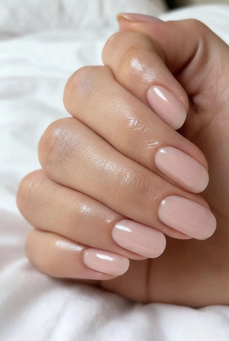 Elegant almond-shaped nails finished with Silcare Brush One Ash Blush BIAB bottle gel in a soft dusty blush pink nude shade. Glossy natural manicure with a smooth self-levelling finish, ideal for nail strengthening, overlays and professional salon-quality results.
