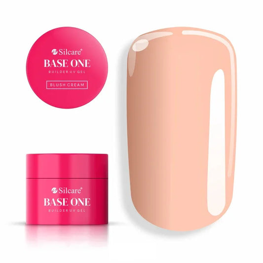 A product showcase of Silcare Base One Builder UV Gel in Blush Cream, featuring the pink product jar, the lid, and a large oval color swatch showing a soft, creamy peach-pink nude shade.