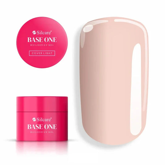 Builder UV Gel in Cover Light shade, showing the pink product jar and a glossy almond-shaped nail swatch - Silcare Base One.