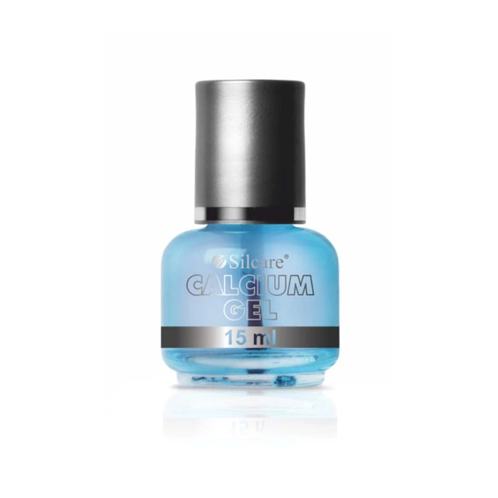 Silcare Calcium Gel nail treatment in 15ml blue bottle with brush, designed to strengthen natural nails and prevent splitting.