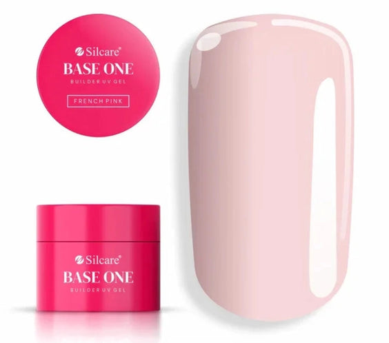 French Pink Silcare Base One Builder UV Gel product display with pink jar packaging, lid label, and glossy nail colour swatch showing soft nude pink shade on a light background.