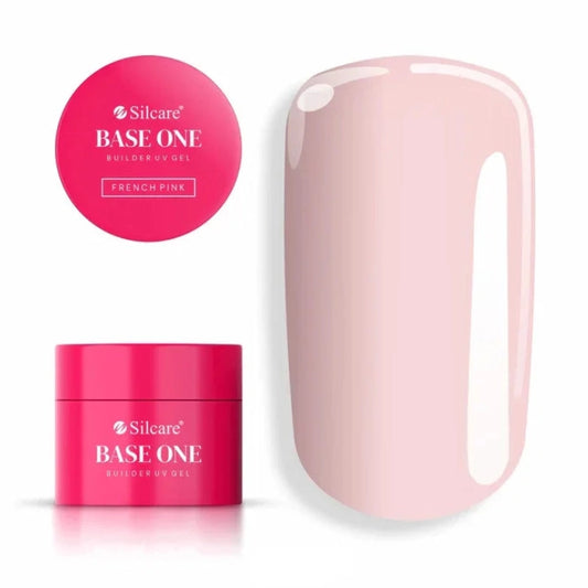 French Pink Silcare Base One Builder UV Gel product display with pink jar packaging, lid label, and glossy nail colour swatch showing soft nude pink shade on a light background.