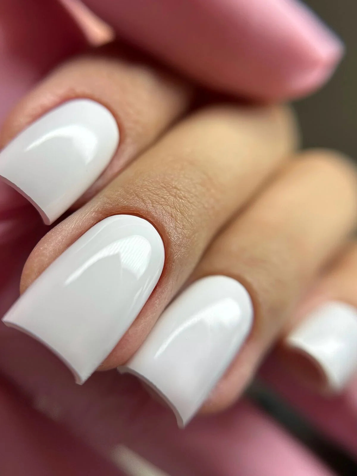 French White Marble Base One Silcare: High-shine white gel manicure on square-shaped nails.