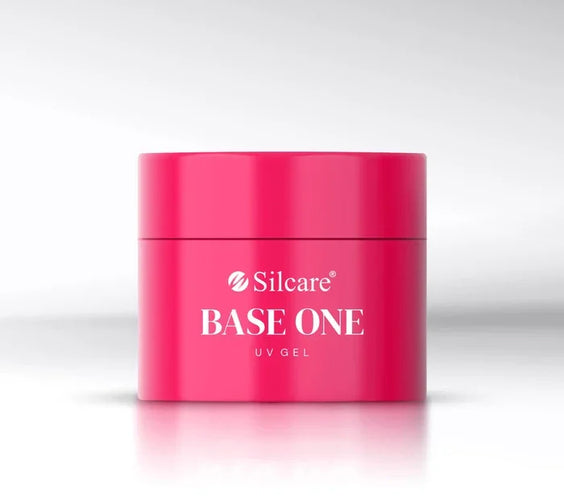 Front view of the signature hot pink product jar for Silcare Base One UV Gel in the French White Opal shade by Silcare.