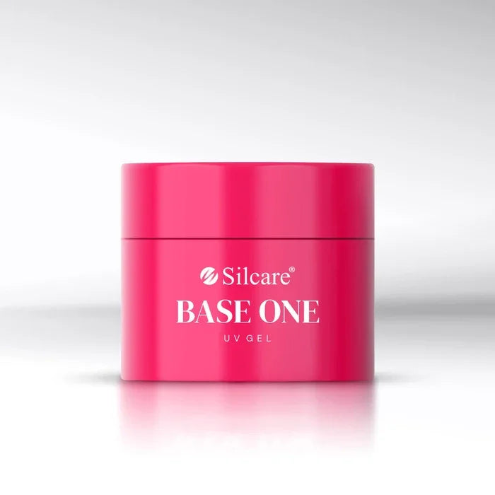 Front view of the signature hot pink product jar for Silcare Base One UV Gel in the French White Opal shade by Silcare.