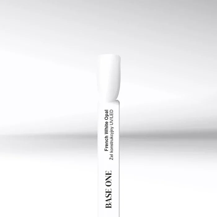 A white nail display tip showcasing Silcare Base One French White Opal UV/LED builder gel against a clean white background by Silcare.