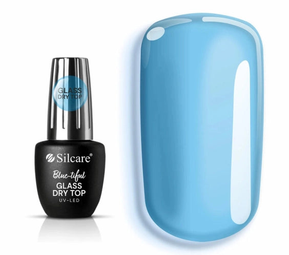 Semi-transparent blue glass effect gel top coat no wipe by Silcare with high shine finish on nail sample