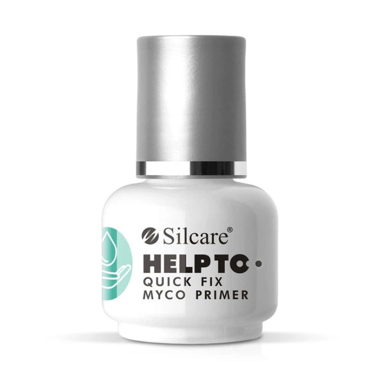 Front view of the Silcare HELP TO Quick Fix Myco Primer bottle on a white background. Professional nail primer designed to prepare natural nails before gel, acrylic or hybrid nail applications while supporting nail hygiene. Ideal for nail technicians and home users seeking a reliable nail preparation product – Silcare Australia.