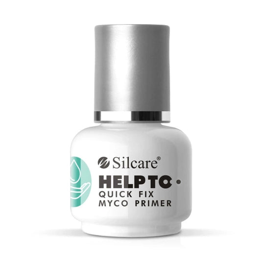 Front view of the Silcare HELP TO Quick Fix Myco Primer bottle on a white background. Professional nail primer designed to prepare natural nails before gel, acrylic or hybrid nail applications while supporting nail hygiene. Ideal for nail technicians and home users seeking a reliable nail preparation product – Silcare Australia.
