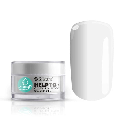 Silcare HELP TO Quick Fix Myco UV/LED Gel Clear displayed beside a clear cured nail colour swatch on a white background. Professional transparent builder gel for strengthening natural nails, creating overlays and nail extensions with excellent clarity, self-levelling application and long-lasting salon-quality results – Silcare Australia.