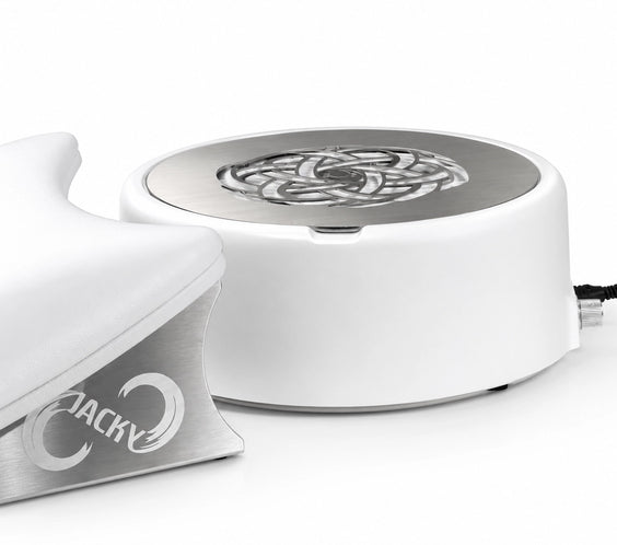 Jacky Ring professional nail dust collector with ergonomic manicure hand rest, featuring a white housing, brushed stainless steel grille, and premium salon workstation design for nail technicians.