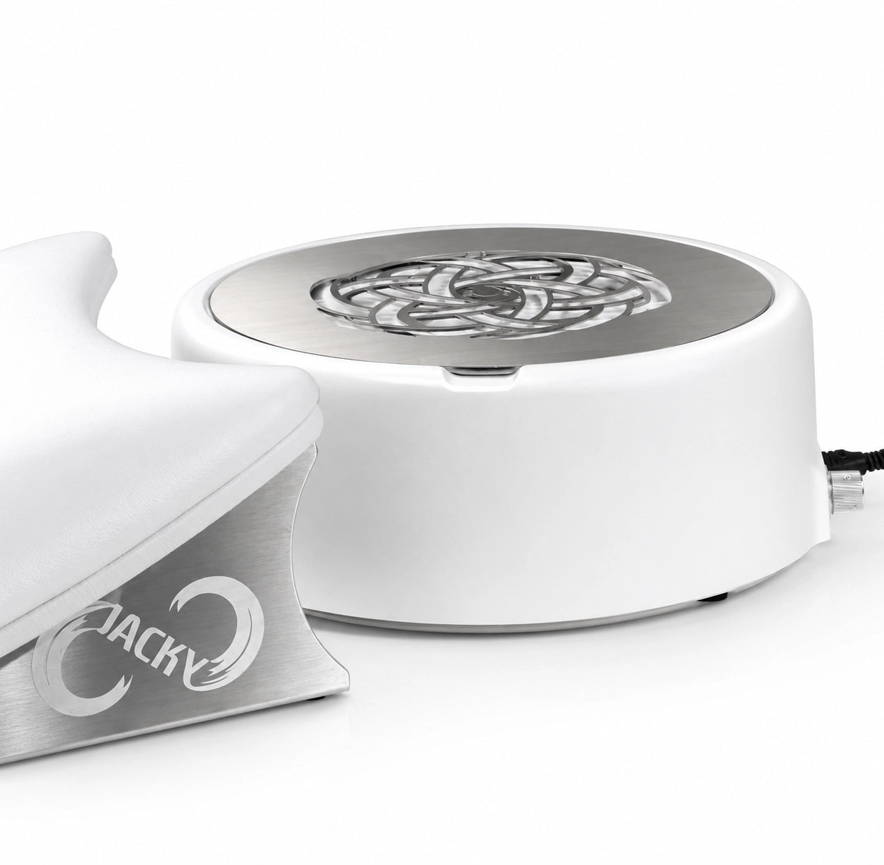 Jacky Ring professional nail dust collector with ergonomic manicure hand rest, featuring a white housing, brushed stainless steel grille, and premium salon workstation design for nail technicians.