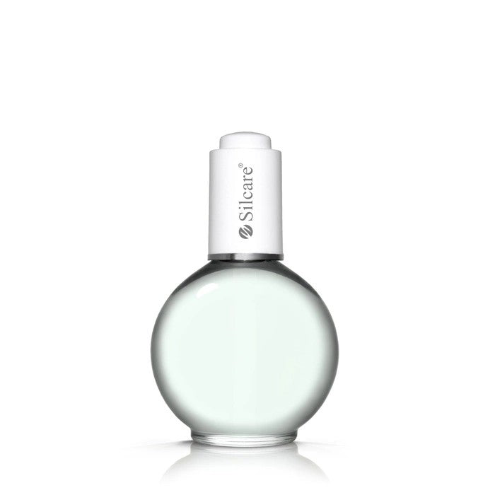 Almond Clear Nail and Cuticle Oil in a 75ml round spherical glass bottle with a white dropper cap - Silcare