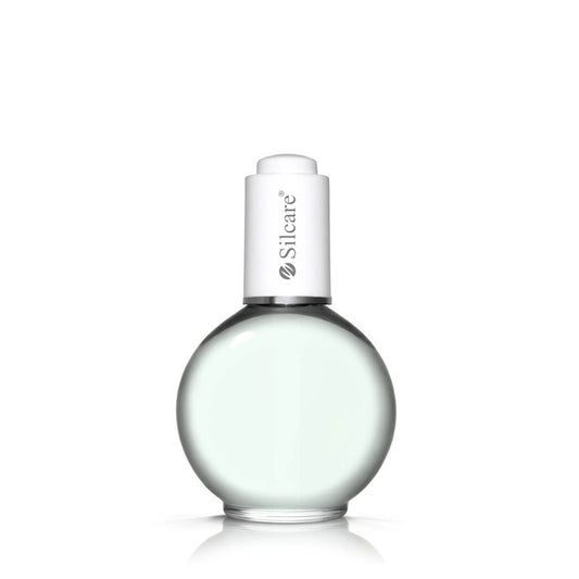 Almond Clear Nail and Cuticle Oil in a 75ml round spherical glass bottle with a white dropper cap - Silcare