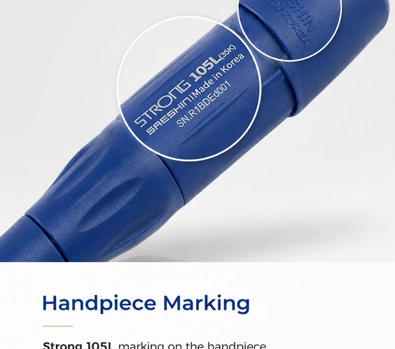 Close-up of the original Saeshin Strong 105L handpiece showing authentic Made in Korea markings, model identification, and serial number engraving.