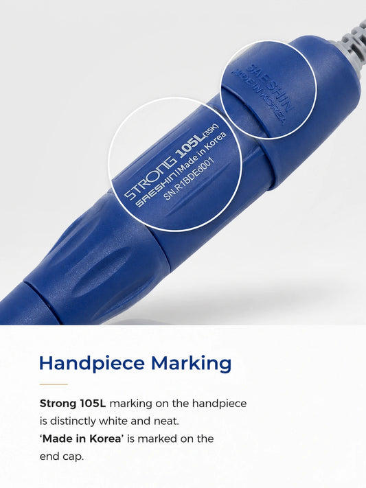 Close-up of the original Saeshin Strong 105L handpiece showing authentic Made in Korea markings, model identification, and serial number engraving.