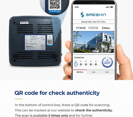 Original Saeshin Strong 210 QR code authenticity verification showing the control box security label and smartphone authentication page used to confirm genuine Korean-made nail drill machines.