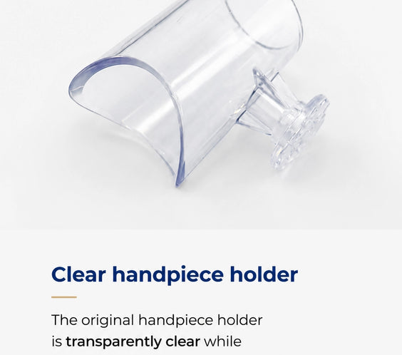 Original transparent handpiece holder for the Saeshin Strong 210 nail drill, designed to securely hold the Strong 105L handpiece and verify product authenticity.