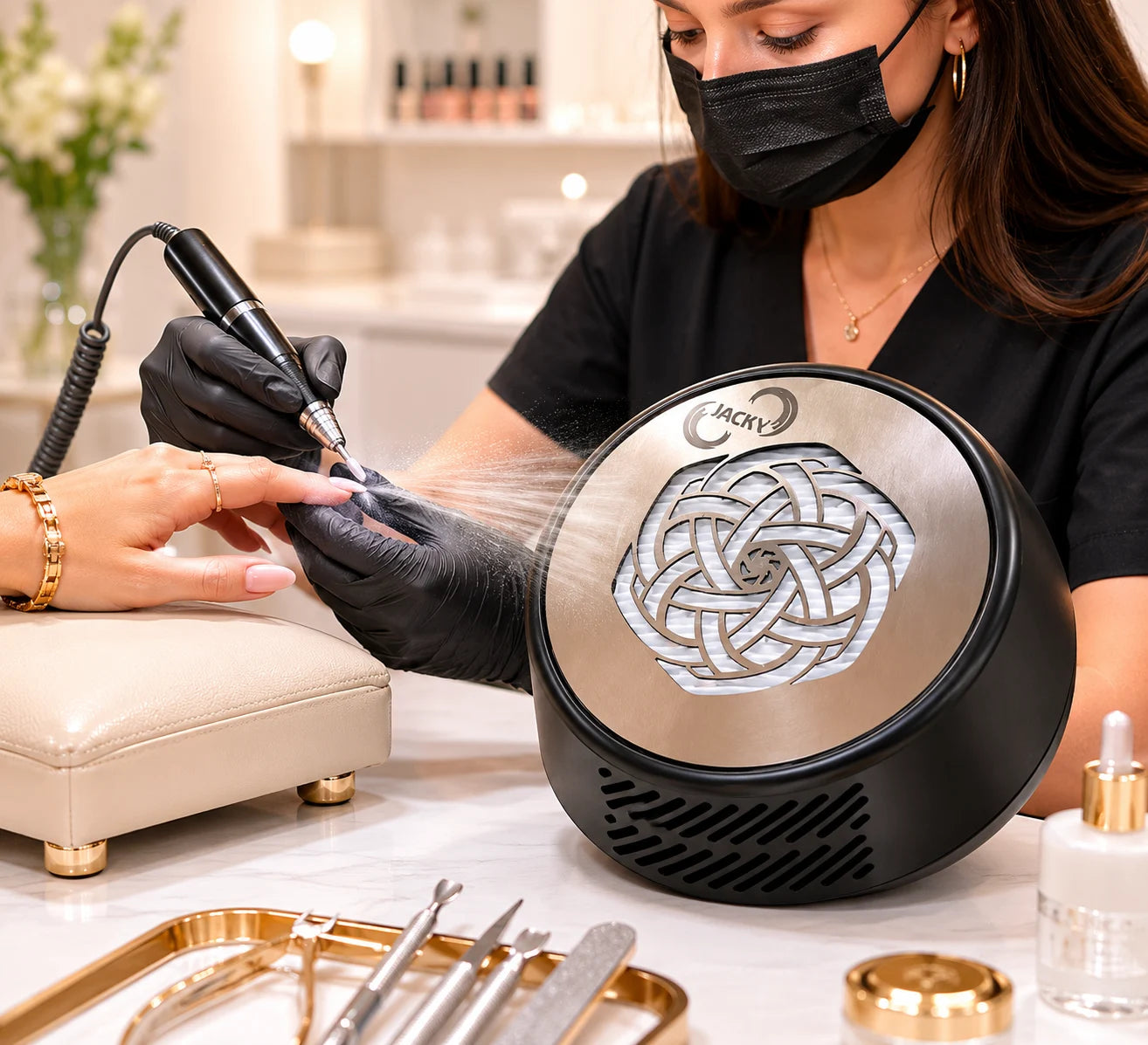 Professional nail technician using a Jacky Ring Black Edition nail dust collector during a manicure procedure, capturing nail filing dust for a cleaner and healthier salon workspace.