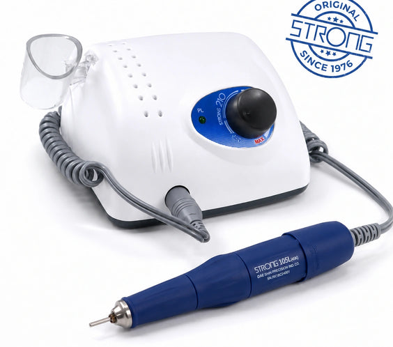 Original Saeshin Strong 210 professional nail drill machine with Strong 105L handpiece, Korean electric nail file for manicure, pedicure, and nail technician use.