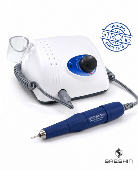 Original Saeshin Strong 210 professional nail drill machine with Strong 105L handpiece, Korean electric nail file for manicure, pedicure, and nail technician use.