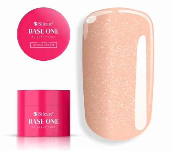 Apricot pink shimmer builder gel nail swatch with glitter particles and UV builder gel jar – Shimmer Blush Cream builder gel for nail extensions | Silcare Base One