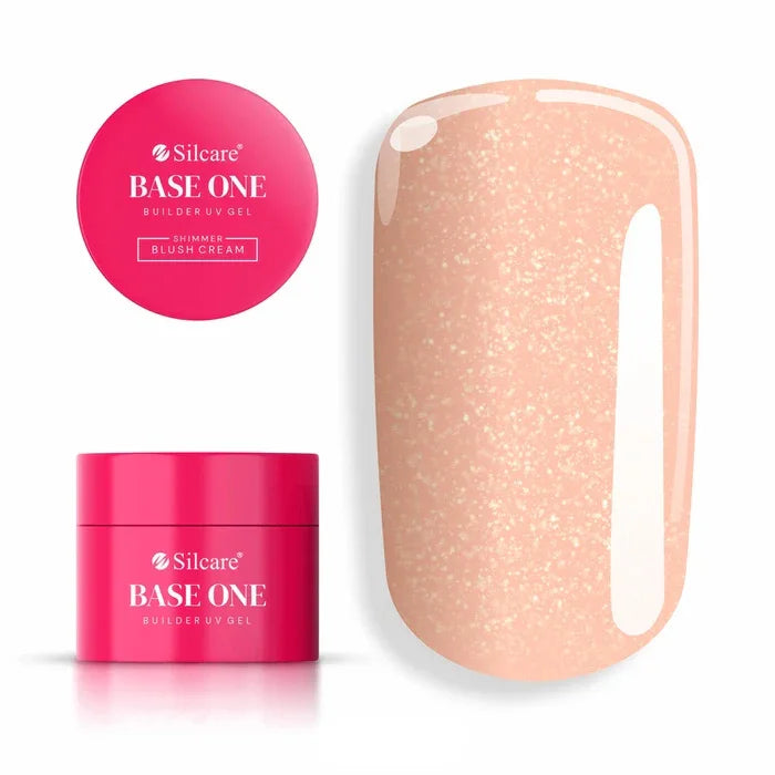 Apricot pink shimmer builder gel nail swatch with glitter particles and UV builder gel jar – Shimmer Blush Cream builder gel for nail extensions | Silcare Base One