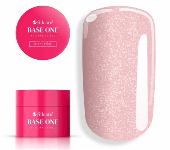 Shimmer Misty Rose Silcare Base One Builder UV Gel product display with pink jar packaging and lid, alongside a glossy nail colour swatch showing soft rosy pink shade with fine shimmer particles on a clean light background.