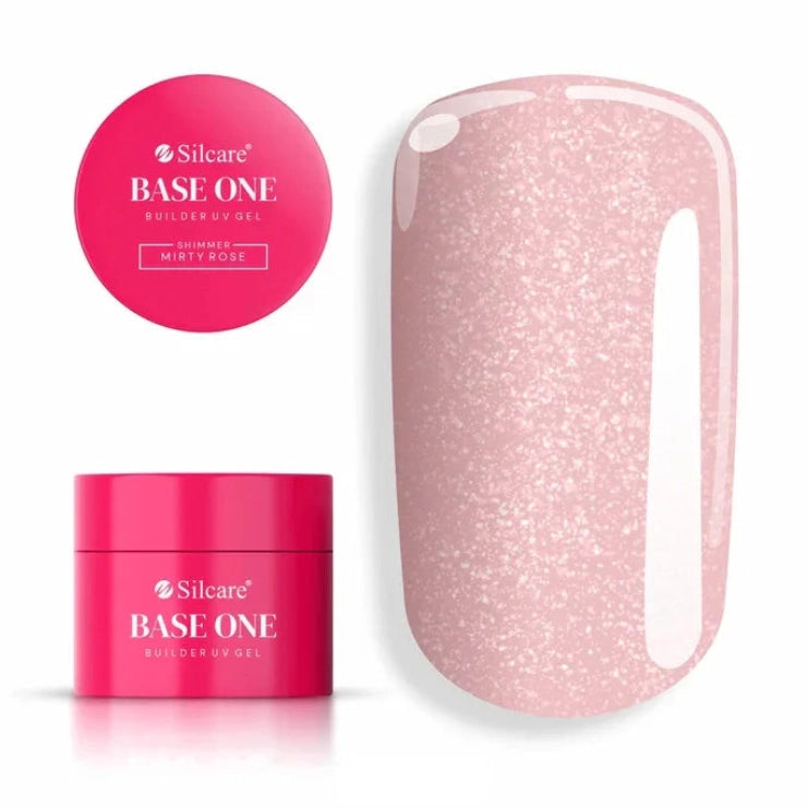 Shimmer Misty Rose Silcare Base One Builder UV Gel product display with pink jar packaging and lid, alongside a glossy nail colour swatch showing soft rosy pink shade with fine shimmer particles on a clean light background.