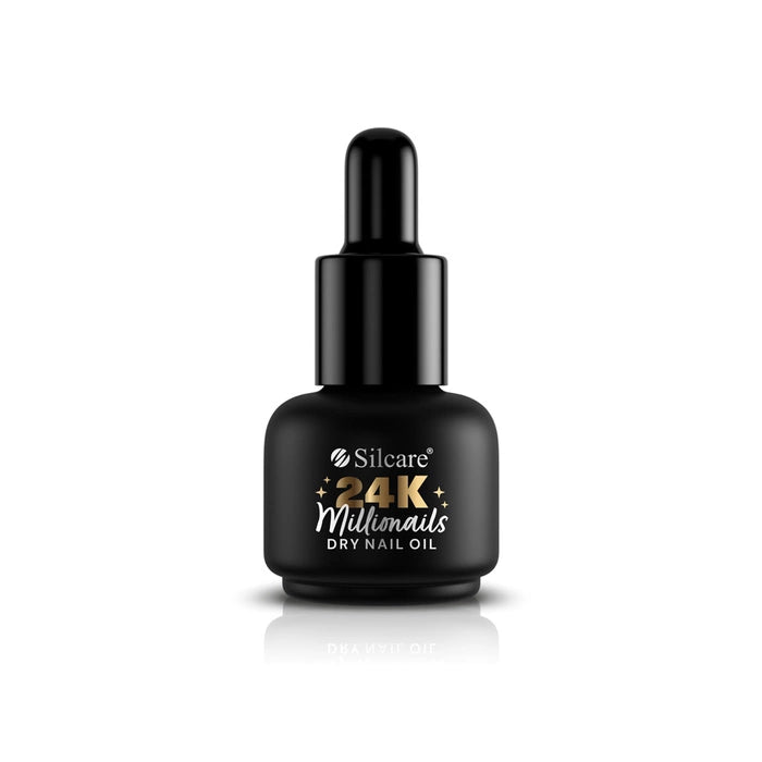 Silcare 24K Millionails Dry Nail Oil in a matte black dropper bottle with gold lettering, luxury nail and cuticle care treatment by Silcare.