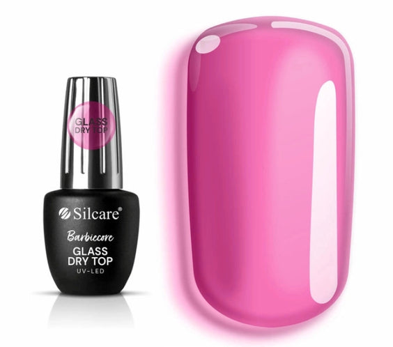 Silcare Glass Dry Top Barbiecore semi-transparent pink gel top coat bottle with pink glass effect nail sample on white background