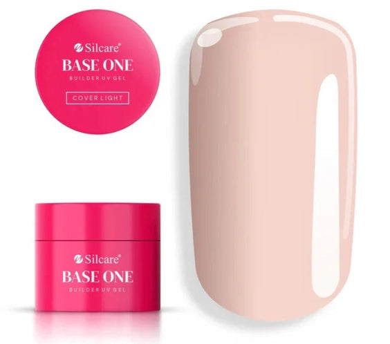 Silcare Base One Builder Gel Cover Light shade with pink jar packaging and lid label, displayed next to a glossy nude beige nail colour swatch on a clean light background, showing smooth opaque coverage and natural nail enhancement tone.
