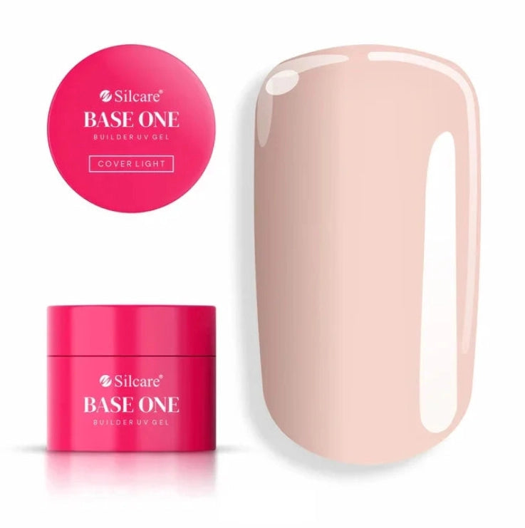 Silcare Base One Builder Gel Cover Light shade with pink jar packaging and lid label, displayed next to a glossy nude beige nail colour swatch on a clean light background, showing smooth opaque coverage and natural nail enhancement tone.